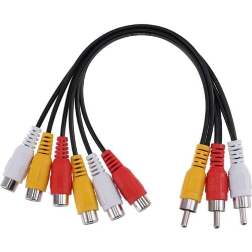 Black Audio Video Cable 25cm 3RCA Male Jack to 6RCA Female Plug Audio Video Cable Male to Female Adapter Cable