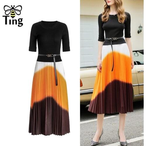 Tingfly Designer Vogue Color Tie Dye Pleated Midi Dress Knitting Patchwork Women Party Dresses Vestidos Zafual Elbise Plus Size