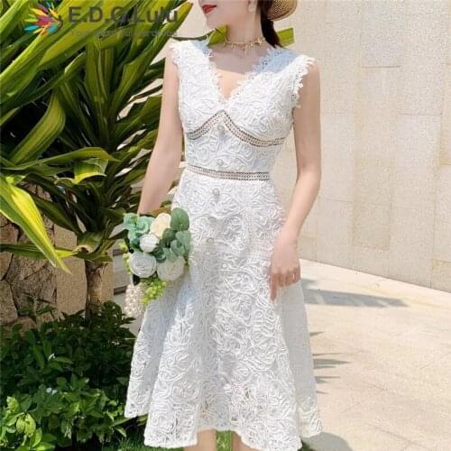 EDGLuLu High Quality Womens V-neck Sleeveless Embroidery White Lace Dress Elegant Party Sexy Backless Lace-up Midi Dress 0417