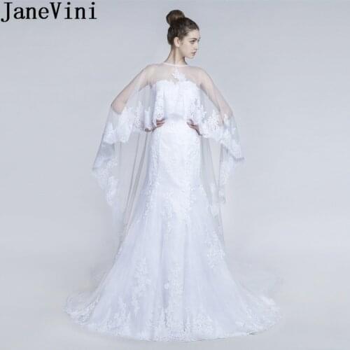 JaneVini Princess Lace Wedding Dresses with Removable Long Cape Mermaid Wedding Gowns Vintage Appliques White Bride Bridal Dress