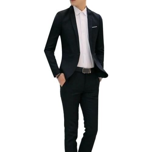 Suit Jackets Men 2Pcs Office Business Men Solid Color Lapel Long Sleeve Slim Blazer Pants Suit