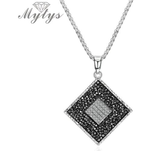 Mytys Pave Setting Crystal Geometric Square Pendant Necklace Long Sweater Chain Designer Jewelry Accessory for Girls Women CN357