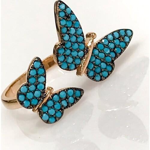 New Double Blue Tiny Butterfly Turquoise Silver Ring