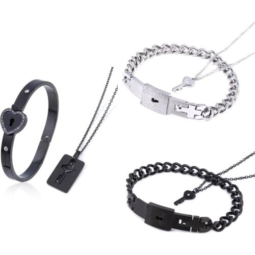 New Fashion A Couple Lovers Jewelry Love Heart Lock Bracelet Stainless Steel Bracelets Bangles Key Pendant Necklace Jewelry