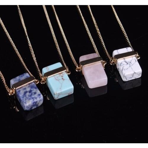 Micromart Square Pink Quartz Blue Aventurine Howlite Pendant Necklace Gold Color Women Long Chain Natural Stone Marble Necklace