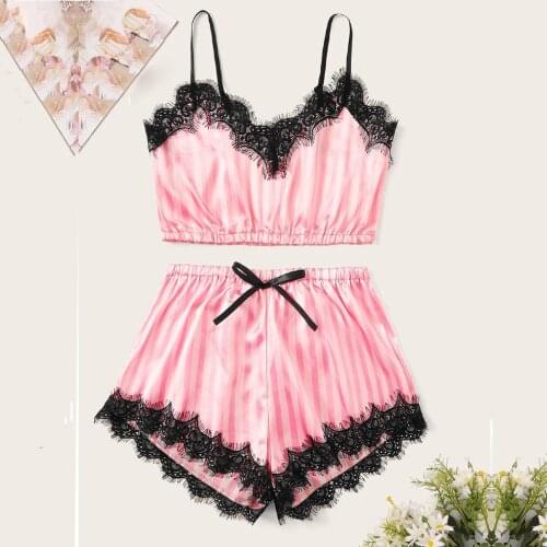 Pajamas Pants Set Lace Stitching Lingerie V Neck Sleeveless Camisole Striped Shorts Sexy Pajamas for Women Casual Pijama Mujer