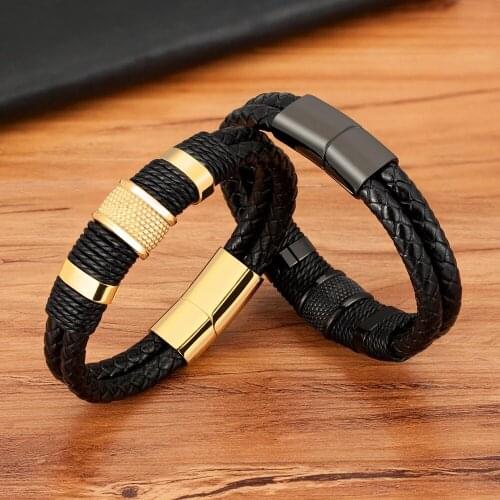 Woven Leather Rope Bag Special Style Classic Stainless Steel Magnetic Buckle Mens Leather Bracelet Double Layer Design Jewelry