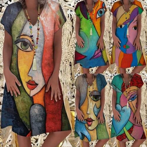 SAGACE V-neck casual Impressionist abstract face print large short sleeve womens dress 2021 summer new skirt, платья