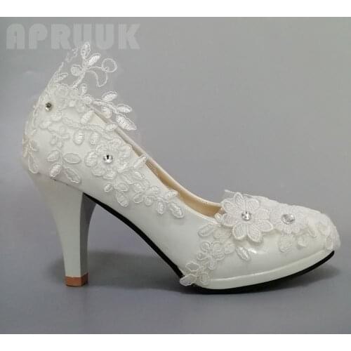 Ivory lace wedding pumps shoes bride handmade plus size platforms slip-on ladies bridal bridesmaid ivory lace shoes sales