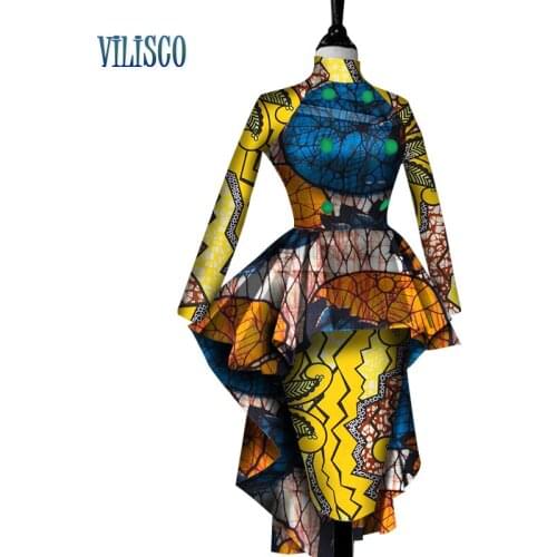 Stock Size 6XL Tops and Skirt Sets for Women Party Vestidos African Stand Neck Button 2 Piece Sets Clothing WY2595