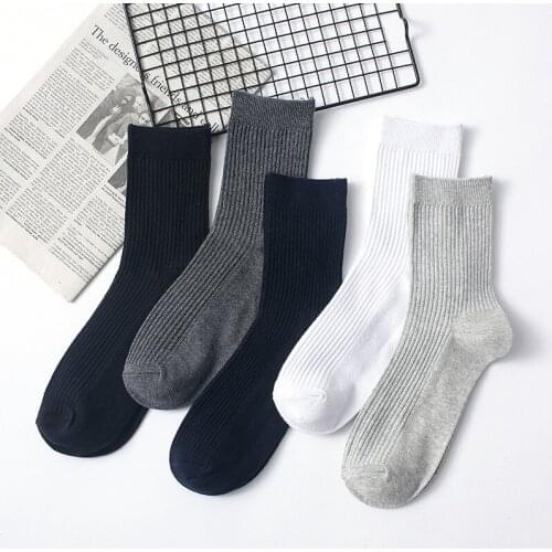 High Quality 5Pairs/Lot Mens Socks Cotton Black White Business Breathable Double Needle Male Long Socks Autumn Winter EU38-44