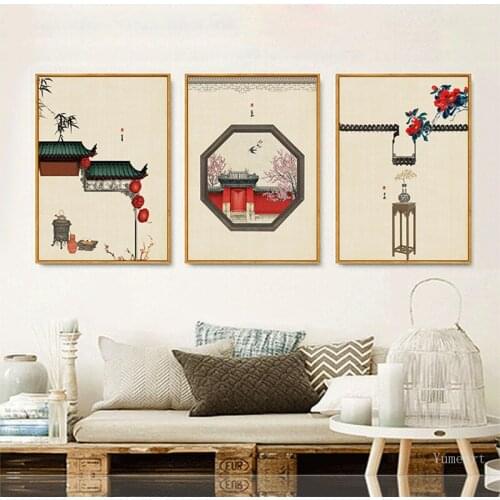 Yumeart Ancient Building Peach Blossom Temple Nordic Poster Print Chinese Style Painting Wall Canvas Art Picture for Living Room