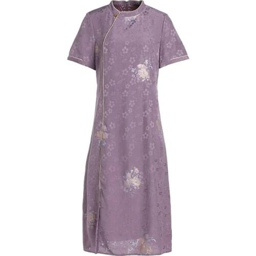 Gowani flower printed jacquard silk short sleeve Chinese dress cheongsam Qipao