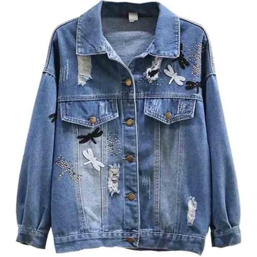 2020 Spring Autumn New Plus Size Women Hole Denim Jacket Vintage Long sleeve Loose Blue Jeans Jacket Casual Basic Coat 5XL H188