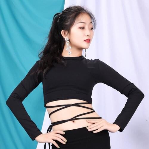 Women Dance Accessories Long Sleeves Elastic Spandex High Neck Belly Dance Tops with Criss-Cross Strap Girls Training Class Wear