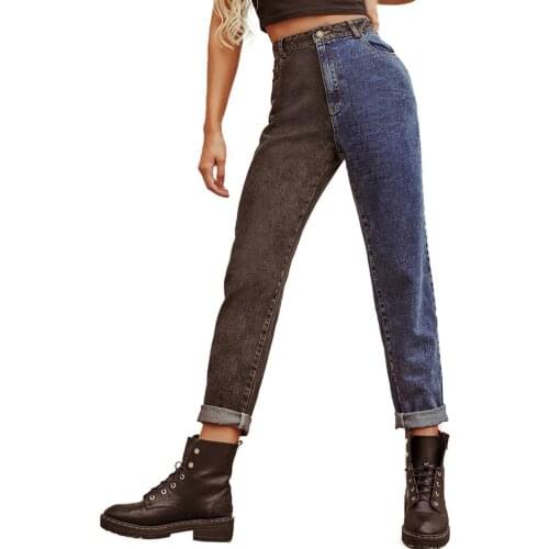 High Waist Jeans Women Fashion Blue Black Color Matching Versatile Casual Jeans Ladies Straight Jeans