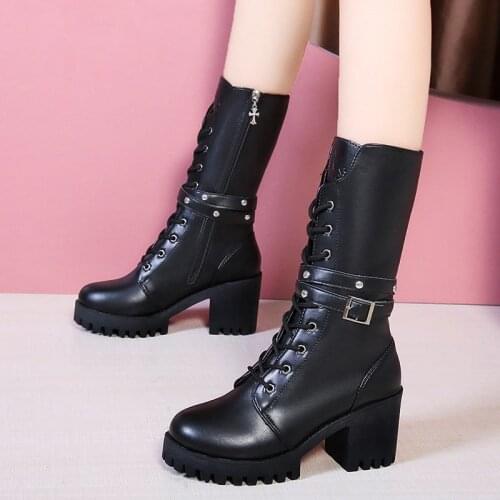 Hot 2020 Spring Autumn Boots Women Fashion Black Square Heel Woman Leather Shoes Winter PU Large Size 41 Mid-calf