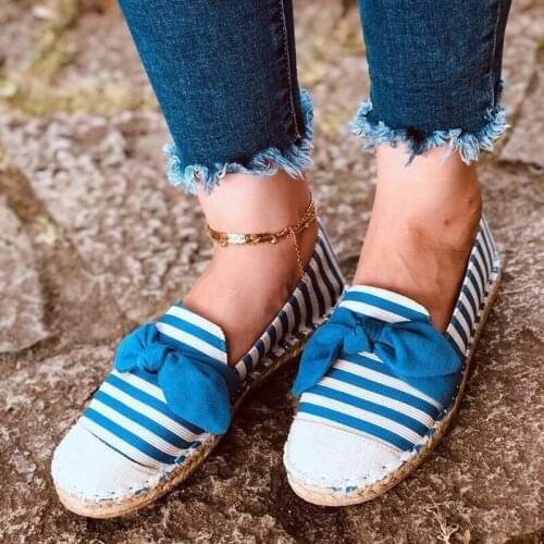 Women Bowtie Flat Big Size 35-43 Female Shallow Slip On Shoes Woman Fashion Stripe Loafers Ladies Sewing Casual Footwear