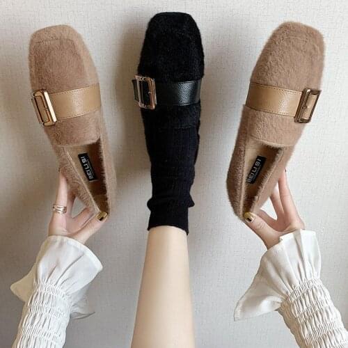 2020 Womens Shoes Woman Flats New Spring Autumn Flat Warm Plush Slip on Shallow Casual Shoes Metal Buckle Ladies Shoes Loafers
