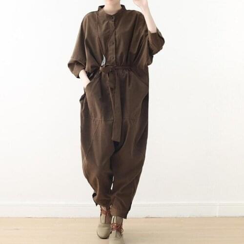 Johnature Safari Style Jumpsuits Full Length Loose Solid Sashes Pockets Button 2020 New Spring/Summen Cotton Women Jumpsuit