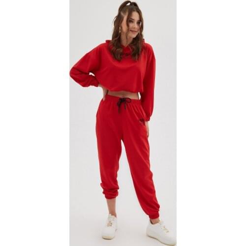Womens Red Nasa Printed Hooded Jogger Tracksuit Set