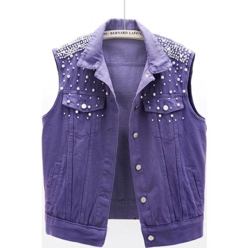 Pearls beading female fashion waistcoat 2020 NEW women sleeveless denim vests Korean loose plus size vest pink white JC242