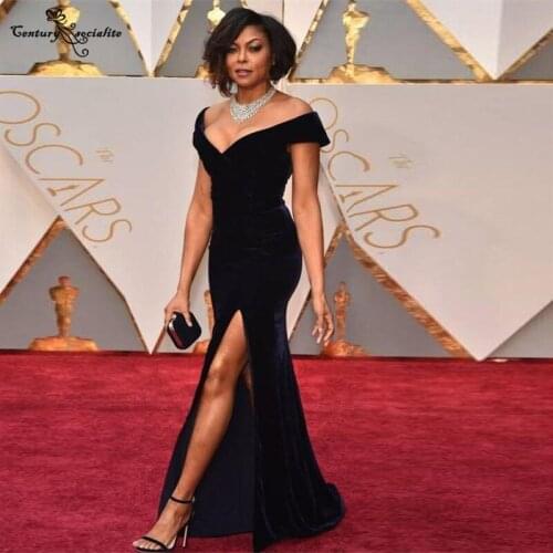 Black Mermaid Evening Dresses Long 2021 Side Slit Velvet Off the Shoulder Formal Dress Celebrity Dress Robe De Soiree Cheap