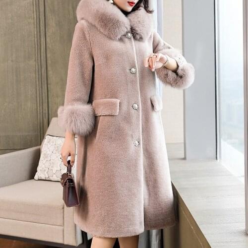 New 2020 100% Wool Real Coat Women Winter Warm Fox Fur Long Parka Female Sheep Shearing Overcoat manteau femme hiver LX2431