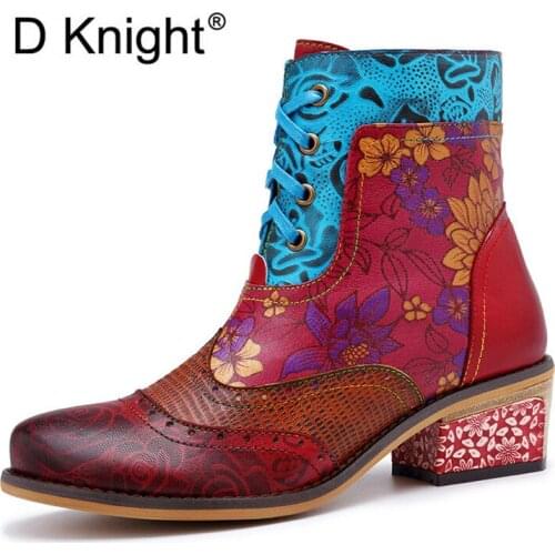 Genuine Leather Winter Boots For Girls Botas Mujer Vintage Casual Lace-up Zipper Cowboy Ankle Western Boots Women Shoes Woman