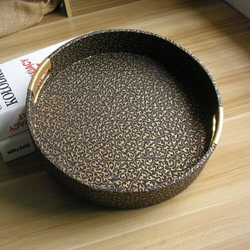 29cm Round Storage Tray Desk PU leather Wooden Storage Organizer Embossed Gold Organizer Storage Dishes for Home Decoration 296B