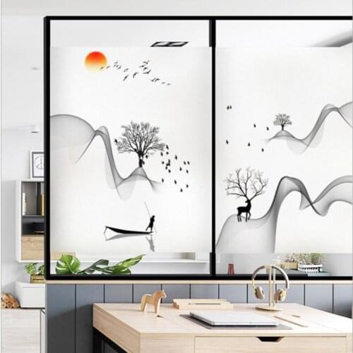 3D Printed Stained Decorative Films Stickers Sunshine Privacy Protection Landscape Deer Ink Painting Frosted Window Glass Decals