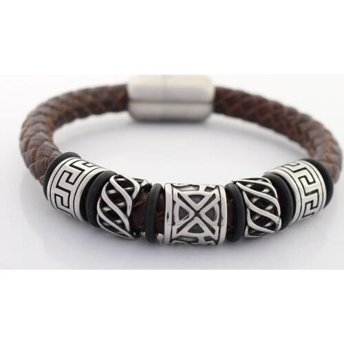 8MM Genuine Braided Leather Bracelet for Men Titanium Stainless steel Charms Big Hole Viking Bead Bracelets with Magnet Clasp