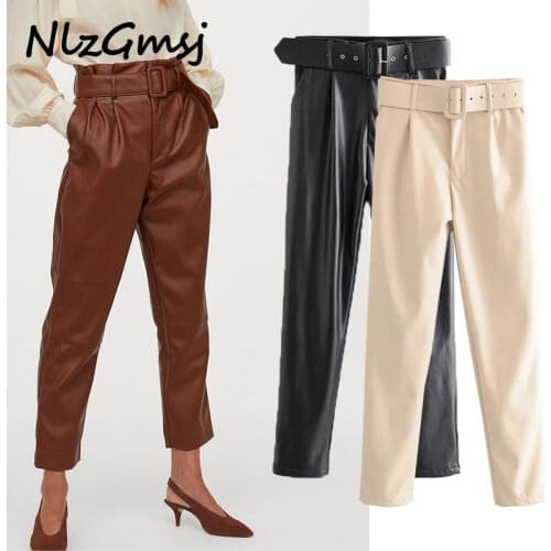 Nlzgmsj Za Women 2020 Chic Fashion With Belt PU Faux Leather Pants Vintage High Waist Zipper Fly Female Ankle Trousers Mujer
