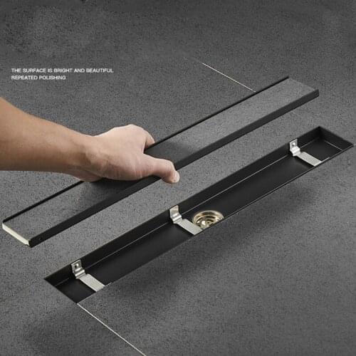Black Long Strip Floor Drain Shower Large Displacement Bathroom Rectangular Extended Deodorant Invisible Stainless Steel