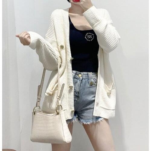 Fadan s family 2021 spring and summer new French temperament loose V-neck tweed knitted cardigan