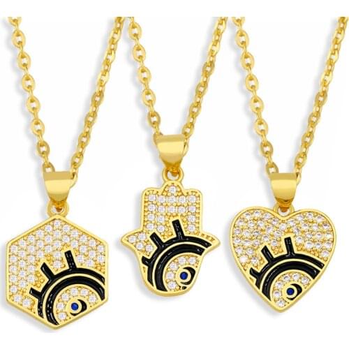 FLOLA Gold Plated Heart Evil Eye Necklace For Women CZ Cubic Zirconia Fatima Hand Necklace Pendant Wholesale Jewelry Gift nkev41