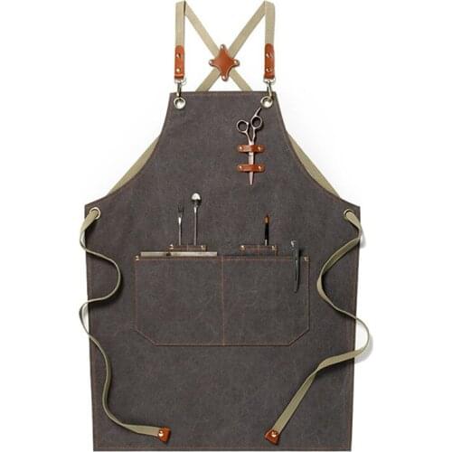 Khaki Gray Canvas Apron Crossback Strap Barista Bartender Pastry Chef Uniform Florist Barber Hairdresser Painter Work Wear K41A
