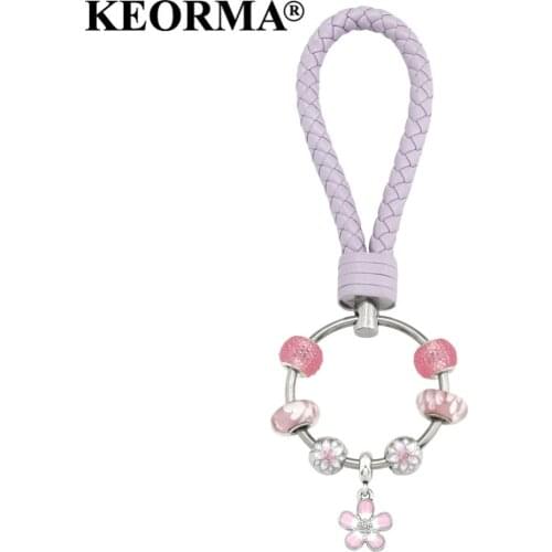 KEORMA Lucky Five Leaves Flower Pendant Keychains Metal Keyrings Creative Trinket Women Light Purple PU Leather Key Chain YK035