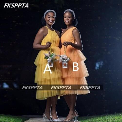 Short 2021 Light Yellow Bridesmaid Dresses Tiered Tulle Backless Sexy Black Girls Maid Of Honor Gown For Wedding Party Customize