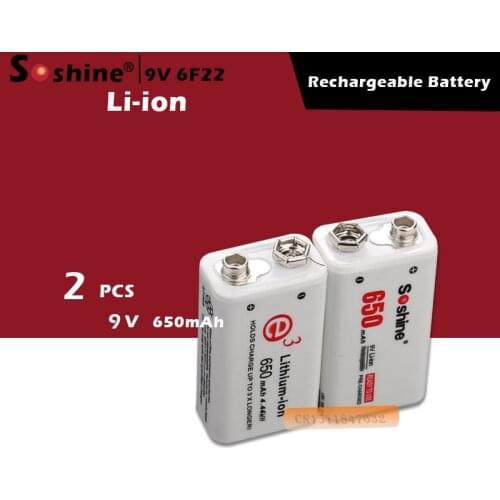 Soshine 2pc 650mAh 9V 6F22 Li-ion Lithium Rechargeable Battery for Electronic Smoke Guitar