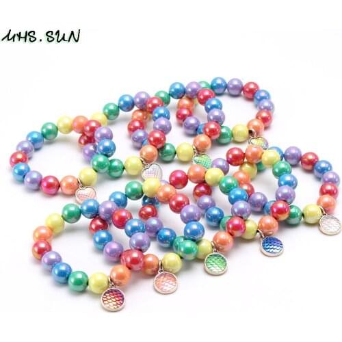 MHS.SUN Charming Heart Pendants Rainbow Beads Bracelets For Kids Girls Child Chunky Beads Bracelet Fashion Jewelry 9Pcs/lot