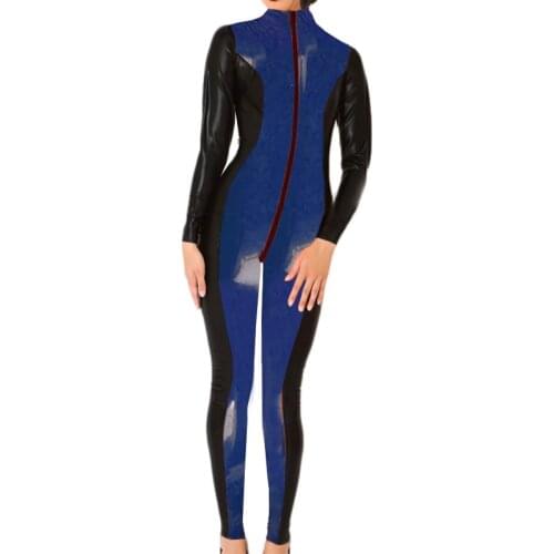 Sexy Black and Blue Latex Catsuit Front Zip Tight Jumpsuit Handmade Look Slim Bodysuit S-LC323