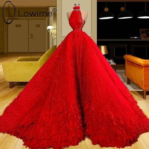 Luxury Red Feathers Evening Dresses A Line Beads Puffy Long Evening Gowns Formal Women Dresses Prom Pageant Vestidos