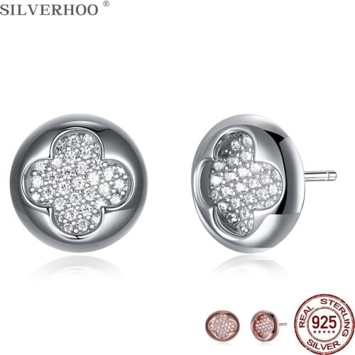 SILVERHOO Round Hollow Flower Earrings For Women Genuine 925 Sterling Silver 5A Cubic Zirconia Stud Earring Fine Party Jewelry