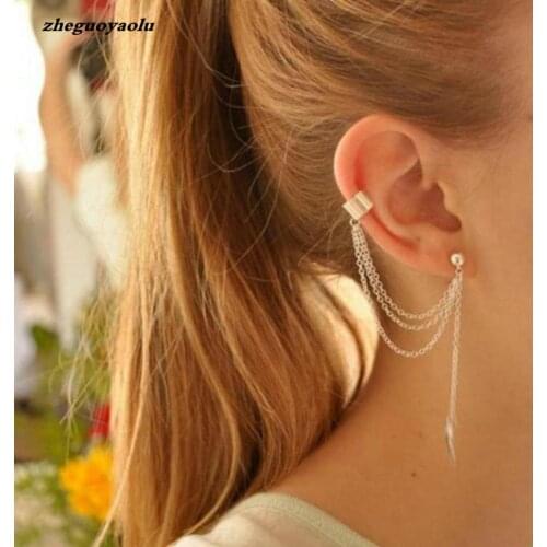 1piece Punk Rock Style Woman Young Gift Leaf Chain Tassel Earrings, Metallic Gold And Silver Jewelry Earrings Ear Clip Wholesale