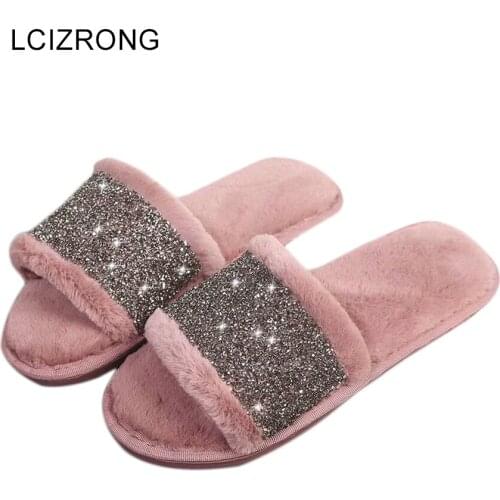 LCIZRONG 2019 Comfortable Women House Slippers Spring Faux Fur Home Slipper Woman Bedroom Indoor Shoes Plush 4 Color Slippers