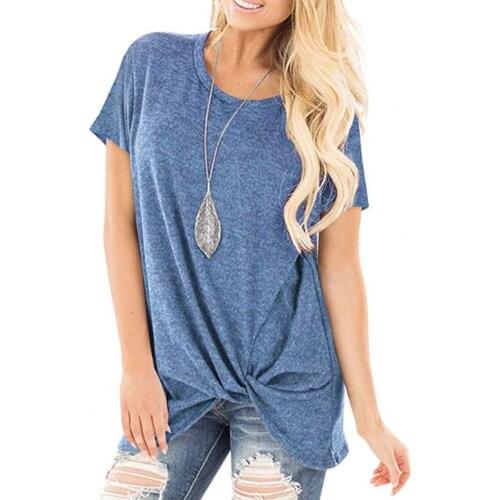Twist Knot Short Sleeve Women T-shirt Soft Solid Color O Neck Tunic Blouse Streetwear Casual Round Neck Shirt Front Tunics Loose