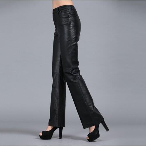 Women Real Flare Office Lady Casual Soft Sheepskin Genuine Leather Trousers Slim Plus Size Female Wide Leg Pants