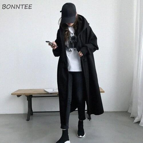 Trench Women Oversize Winter Ladies Loose Plus Velvet Open Stitch Hooded Mid-calf Pure Colors Fashion Harajuku Streetwear Cute