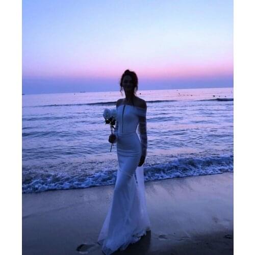 Elegant Long V-Neck Tulle Wedding Dresses Beaded Mermaid Satin Off Shoulder Corset Back Robes De Mariée Bridal Gown For Women